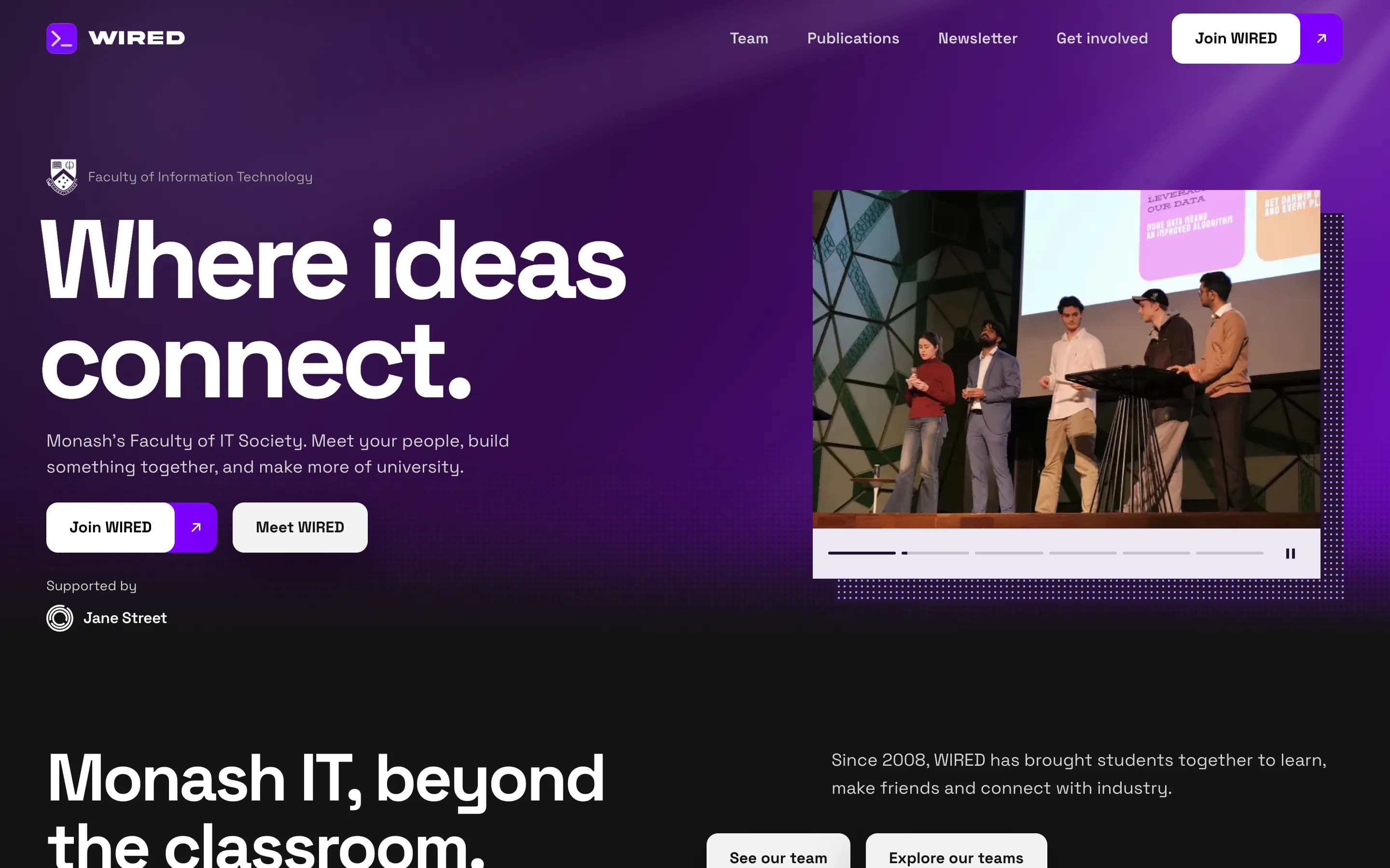 WIRED home page with the headline "Where ideas connect" beside video of students presenting on stage