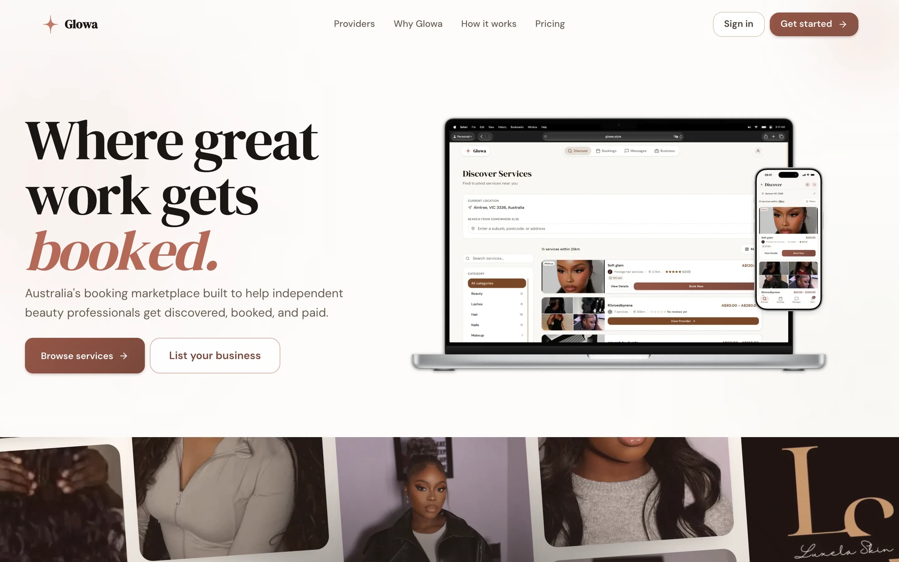 Glowa home page: the headline "Where great work gets booked" beside a laptop and phone showing the service search